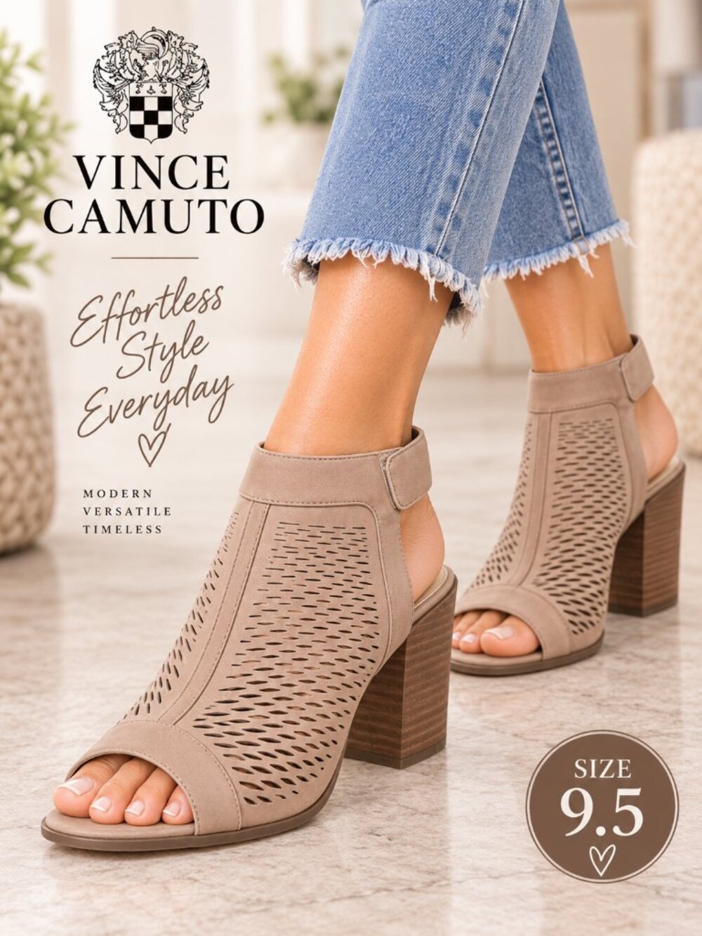 Vince Camuto Lavette 9.5M Taupe Leather Laser Cut Peep Toe Block Heel Sandals
